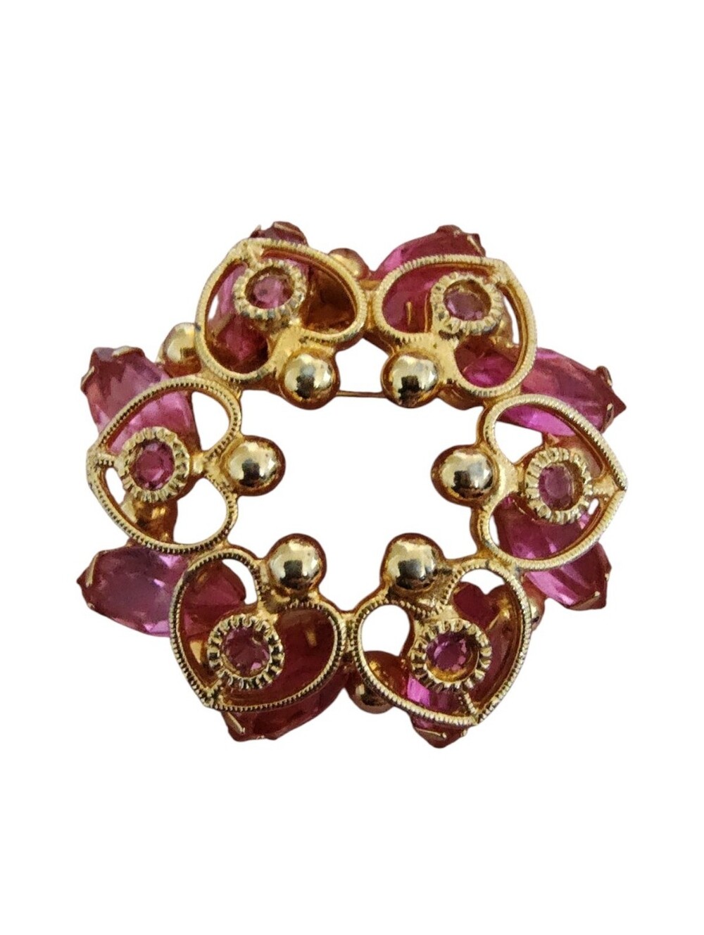 Vintage Pink Rhinestone Gold Tone Wreath Brooch
